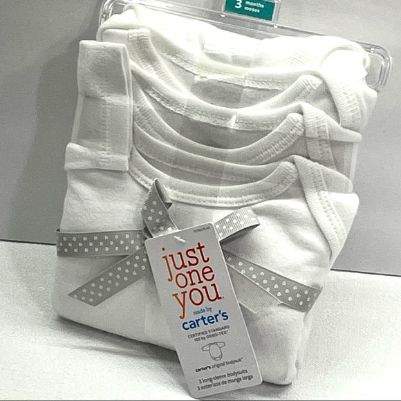 Carter’s Just One You 3 Pack Long Sleeve Cotton White Bodysuits Set 3-Months New - Picture 1 of 10